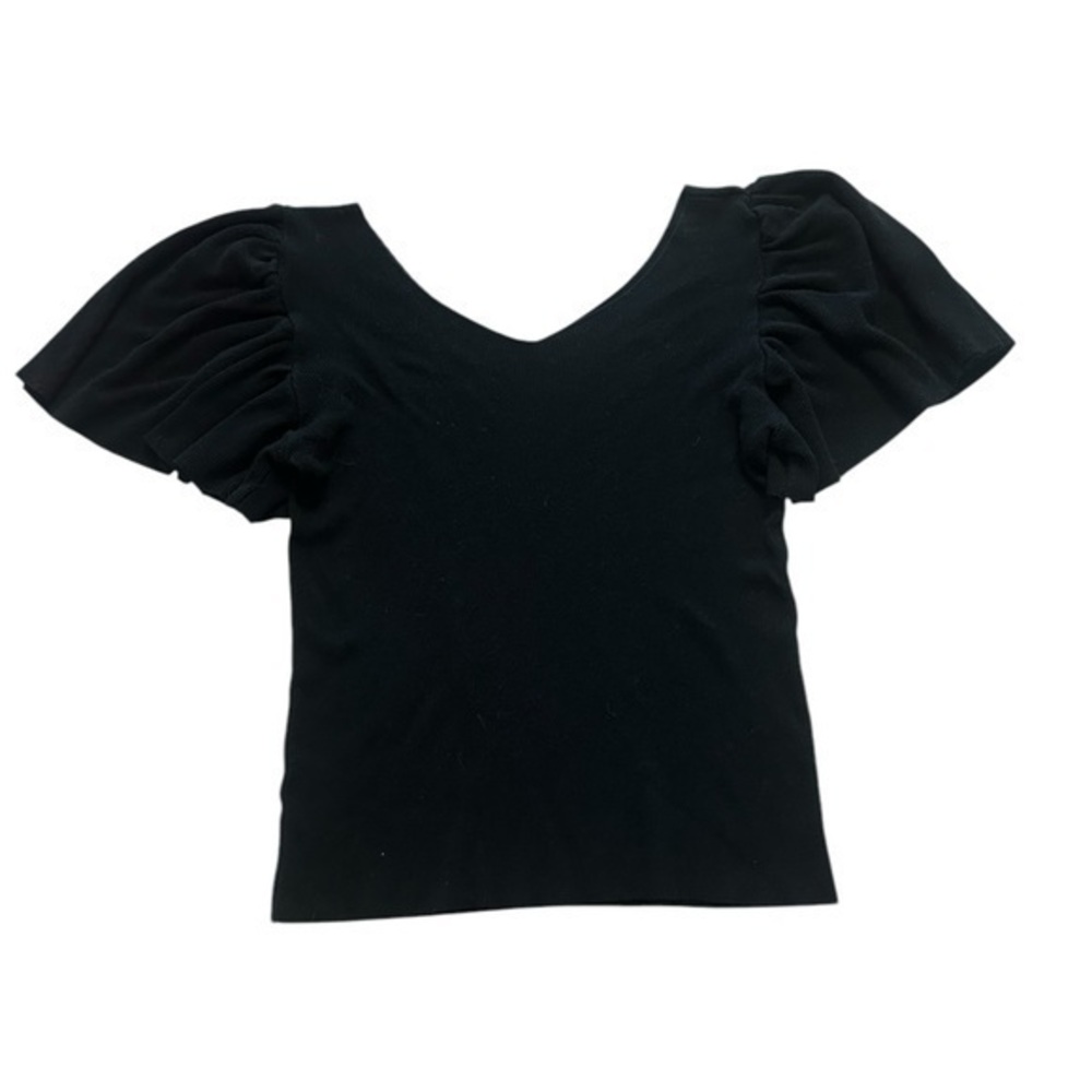 Flutter Sleeve V Neck Cropped Sweater - Womens Size XS - Black